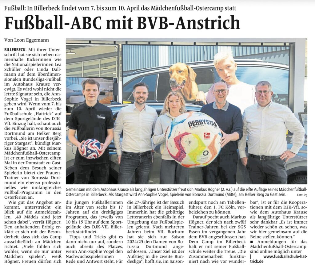 zeitungsartikel az online zum mädchen fußballcamp 2026 in billerbeck