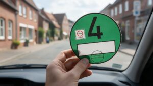 Hand hält eine grüne Umweltplakette mit der Ziffer 4 vor die Windschutzscheibe